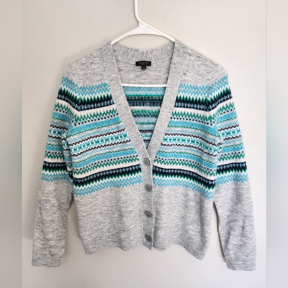 Talbots Gray and Blue Cardigan Sweater with V-Neck